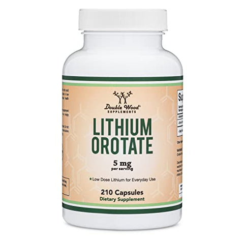 Double Wood Supplements - Lítio Orotate 5mg, 210 Cápsulas (Testado por Terceiros, Vegano, Não-OGM) para uma Mente Mais Calma, Humor Mais Equilibrado e Melhor Descanso à Noite –