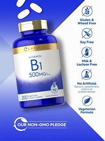 Vitamina B1 500mg (Tiamina) | 200 Cápsulas Vegetarianas | Suplemento Sem OGM e Glúten - Carlyle