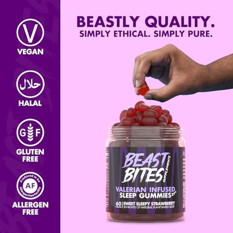 BEAST BITES - Gummies Noturnos Naturais Infundidos com Valeriana – Sem Açúcar, Cores ou Sabores Artificiais – Livre de Glúten, Vegano