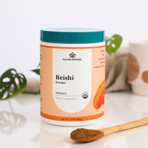 Reishi Mushroom Powder Orgânico Certificado USDA, 283g, Sem GMO, Sem Glúten, Embalado na Califórnia, Ganoderma Lucidum/Lingzhi - Nature Restore