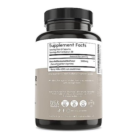 Thomas' all-natural Remedies - Thomas’ Remédios Naturais: Cápsulas de Fígado Bovino Desidratado, 3000mg para Energia, Imunidade e Suporte Hepático, Criados em Pasto na Argentina, Livres de Transgênicos