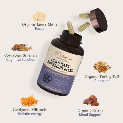Live Conscious - Suplemento de Cogumelo do Leão para Suporte Cerebral com Lion’s Mane, Cordyceps, Reishi e Turkey Tail – Suplemento de Memória Cognitiva para o Cérebro
