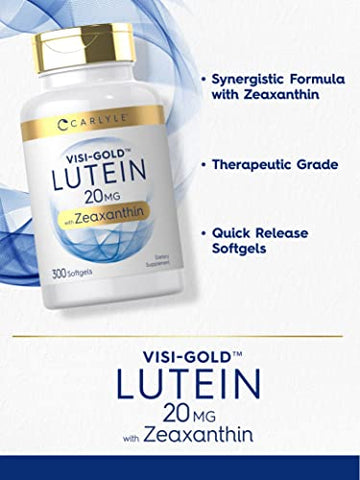 Luteína e Zeaxantina 20mg | 300 Softgels | Vitaminas para a Saúde dos Olhos | Não-OGM - Carlyle