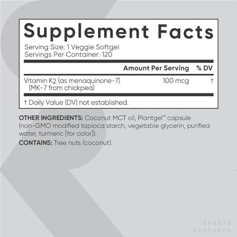 Vitamina K2 como MK-7 100mcg da Sports Research com Óleo de Coco MCT – 120 Cápsulas Vegetais (Fornecimento de 4 Meses) Certificado Vegano, Verificado Não-OGM, Sem Glúten
