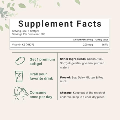 Vitamina K2 MK-7, 200 mcg Por Porção, 300 Softgels de Óleo de Coco | Absorção Fácil, Forma Ativa de Menaquinona | Imunidade, Articulações - Micro Ingredients