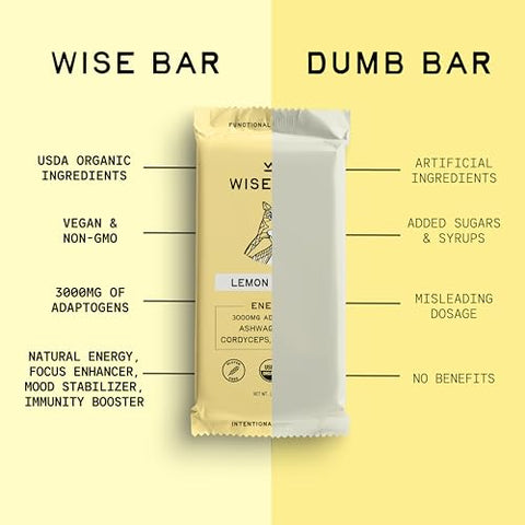 WISE BAR - Wise Bar – Barras Nutricionais de Cogumelos Adaptogênicos, Sabor Limão e Gengibre, 12 Unidades, Dose Diária de 3.000mg de Cogumelos Funcionais e Adaptógenos por Barra, Orgânico, Vegano e Livre de Glúten
