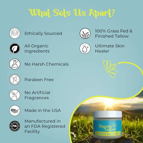 Buzzin Tallow - Bálsamo de Talo de Carne de Gado Criado a Pasto para Cuidados com a Pele – Creme Hidratante Facial – Eczema, Rosácea, Acne, Assaduras, Estrias, Psoríase – Cuidados Pós-Tatuagem: Cera de Abelha Orgânica Óleo de Jojoba – Adulto