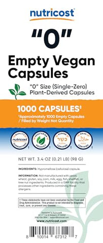 Cápsulas Vazias Tamanho 0 Vegan – 1.000 Cápsulas Vegetais Transparentes – Certificado Kosher, Certificado Halal, Não-OGM, Livre de Soja, Livre de Glúten, Vegetariano - Nutricost
