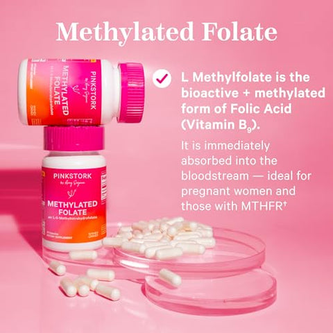 Folate Methyl – Ácido MTHFR, Forma Natural de Ácido Fólico para Gravidez, Fórmula para Mamãe e Bebê, Propriedade de Mulheres, 60 Cápsulas (Embalagem Pode Variar) - Pink Stork