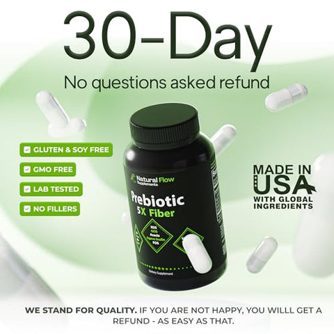 Natural Flow Supplements - Fibra Prebiótica 5 em 1 Cápsulas – Natural Flow 5X Fibra XOS, GOS, FOS, Acácia e Inulina de Agave, Fórmula Diária de Fibra Solúvel para Suporte Intestinal e Estímulo de Bactérias Benéficas