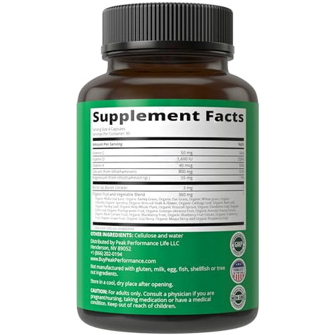 Peak Performance - Cálcio à base de plantas – Suplemento de cálcio de algas marinhas vermelhas com vitamina C, D3, K, magnésio e mistura de vegetais integrais. Cápsulas veganas para ossos e articulações. 120 cálcio