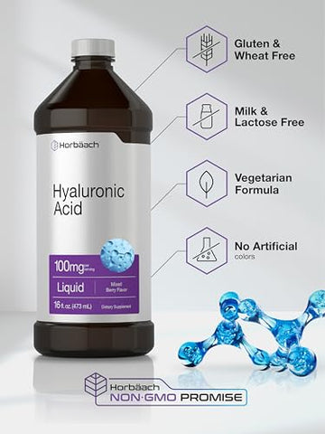 Suplemento de Ácido Hialurônico Líquido | 100 mg | 473 ml | Sabor de Frutas Vermelhas | Fórmula Livre de Transgênicos e Glúten - Horbäach