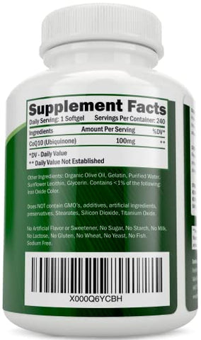 CoQ10 100mg – 240 SoftGels – 8 Meses de Fornecimento – Suplemento Ubiquinona Coenzima Q10 – com Azeite de Oliva Orgânico – Livre de Soja – Co Q 10 – Fabricado nos EUA - Purely Holistic