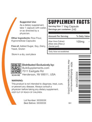 com Cápsulas de Aloe Vera – Extrato de Aloe Vera, Suplemento de Aloe Vera – Herbal, Sem Glúten, 1 Cápsula por Porção, 240 Cápsulas Vegetais (Embalagem de 1) - BulkSupplements