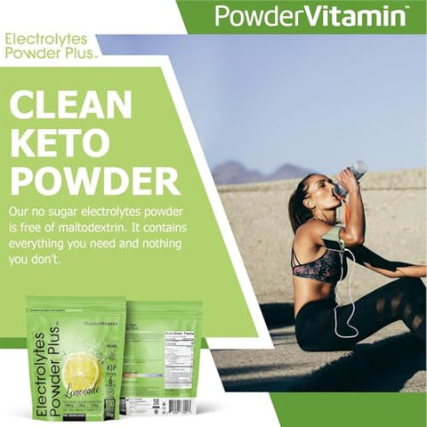 PowderVitamin - Pó de Eletrólitos Plus Keto, Limonada (100 Porções) 0 Açúcar, Sem Maltodextrina, 1000mg de Potássio, 120mg de Cálcio, 120mg de Magnésio, Vitamina C Orgânica, Zero Calorias, Hidratação Energética