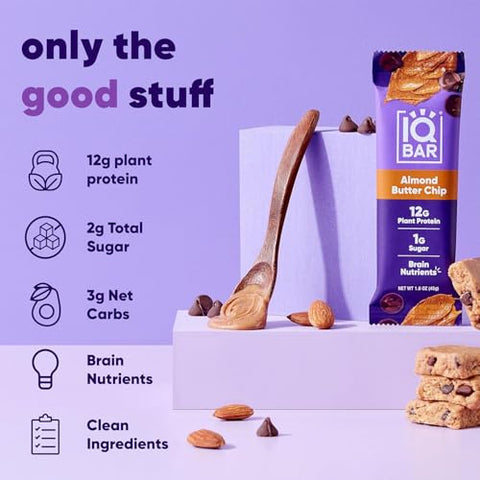 Generic - IQ BAR, Barra de Proteína Vegetal para o Cérebro e o Corpo – Amêndoa com Manteiga de Amendoim – 12 Unidades, Baixo Carboidrato, Alto Teor de Fibras, Sem Glúten, Lanche Vegano – Barras Energéticas com Baixo Teor de Açúcar para Dieta Keto