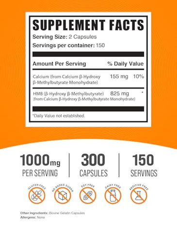 com Cápsulas de HMB – como Cálcio HMB, Beta-Hidroxi Beta-Metilbutirato, Suplemento de HMB, Livre de Glúten – 1000mg HMB, 2 Cápsulas por Porção, 300 Cápsulas (Pacote de 1) - BulkSupplements