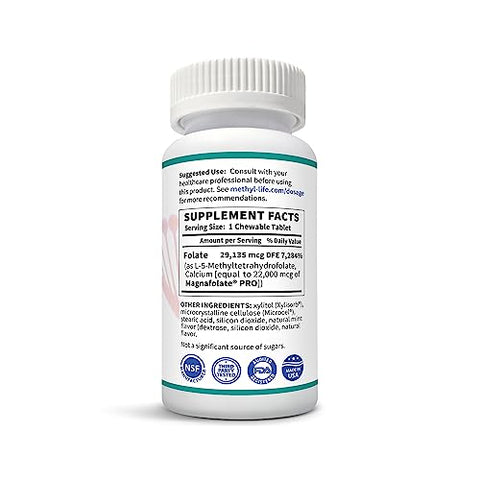 Methyl-Life - Purest L-Methylfolate 15 mg – Fórmula Farmacêutica de Grau Profissional de Força Ativa de Folate – Suprimento de 3 Meses. Mastigáveis. Livre de OGM. Methylfolate Livre de Glúten. Sabor Natural de Hortelã