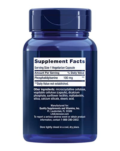 PS Caps: Fosfatidilserina para desempenho cognitivo, sem glúten, não transgênico, vegetariano, 100 cápsulas - Life Extension