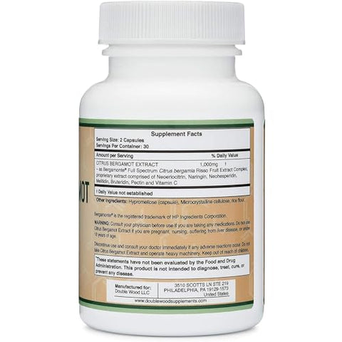 Double Wood Supplements - Suplemento de Citrus Bergamota – Extrato Patenteado e Clinicamente Comprovado de Bergamota – Porção de 1.000mg (Origem Itália) (60 Cápsulas) por Double Wood