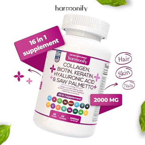 HARMONIFY - Complexo de Colágeno Biotina Queratina Saw Palmetto Ácido Hialurônico com Vitamina E, Ácido Fólico, Semente de Abóbora e MSM, Cabelo Pele