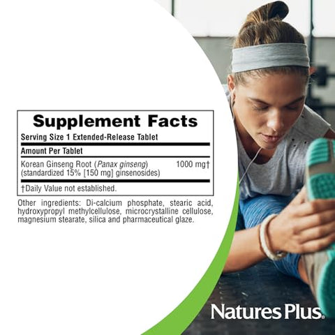 Natures Plus - NaturesPlus Herbal Actives Ginseng Coreano, Liberação Prolongada – 1000 mg, 30 Comprimidos Veganos – Suplemento Herbal Adaptogênico, Antioxidante – Vegetariano, Sem Glúten – 30 Porções
