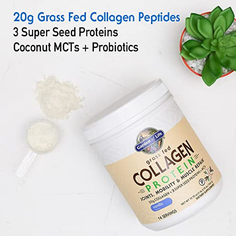 Colágeno em Pó de Proteína de Colágeno Alimentado com Grama – Baunilha, 14 Porções, Pó de Colágeno para Mobilidade das Articulações e Reparo Muscular, Peptídeos de Colágeno, Sementes Super e MCTs de Coco - Garden of Life