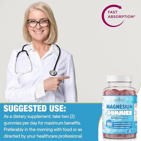NEW AGE - Magnésio Gummies – Gomas Calmantes Anti-Estresse, Suplemento de Magnésio para Adultos e Crianças, Vegano, Livre de Gelatina, Sem Glúten, Não-OGM, Sabor Natural de Framboesa Delicioso – 180 g