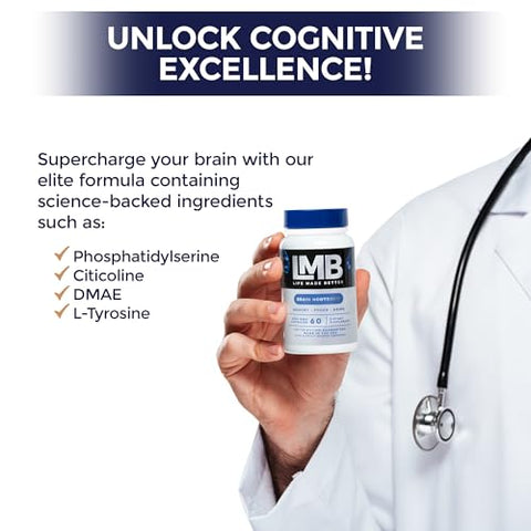 LMB LIFE MADE BETTER - Suplemento de Suporte Cerebral de Nootrópicos de Ação Rápida para Memória – Melhore a Função Cognitiva e a Clareza Mental com Nosso Poderoso Suplemento para Memória Cerebral – Aumenta o Foco Mental