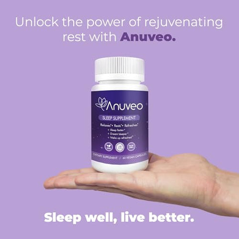 Anuveo - Auxílio Natural para Dormir | Não Viciante | Suplemento Herbal para Melhor Sono com Valeriana, Melatonina, Magnésio e Ashwagandha | Comprimidos para Dormir para Adultos (60 Veganos)