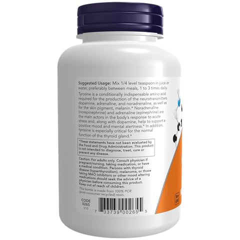 Suplementos, Pó de L-Tirosina, Suporte Neurotransmissor, Aminoácido, 113g - NOW Foods