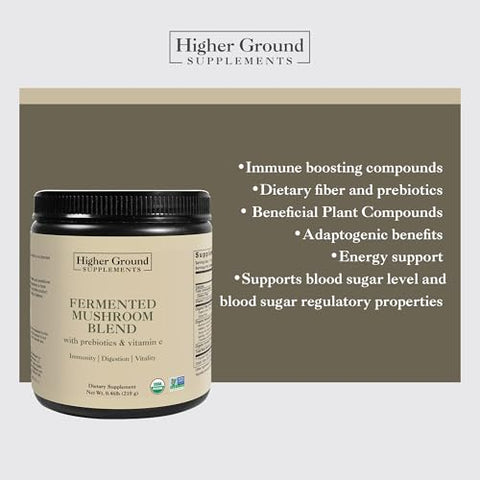 Higher Ground Supplements - Blend de Cogumelos Fermentados | 6 Cogumelos Premium | Prebióticos, Fibras e Vitamina C para Imunidade | Não-OGM | Sem Glúten | 210g