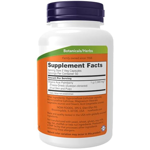 Suplementos, Açaí 500 mg, Fruta Supercongelada com Polifenóis, Ácido Elágico, Rutina, Antocianinas e Catequinas, 100 Cápsulas Vegetais - NOW Foods