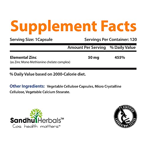 SANDHUHERBALS - Zinc 50mg – 120 Cápsulas Vegetarianas, Suplemento de Zinco Altamente Absorvível para Suporte Imunológico, Livre de Glúten