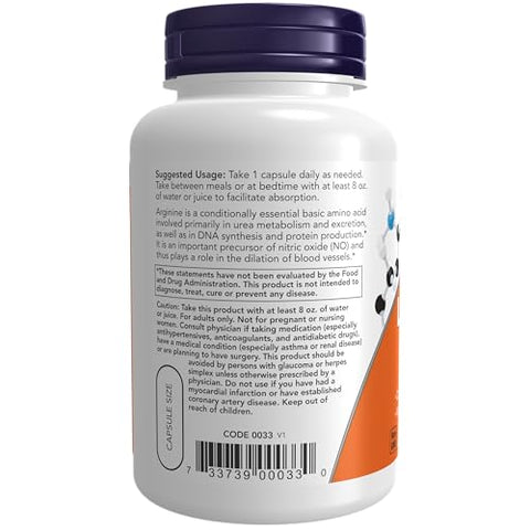 Suplementos, L-Arginina 700 mg, Precursor de Óxido Nítrico, Aminoácido, 180 Cápsulas Vegetais - NOW Foods