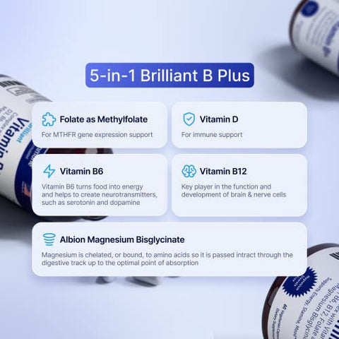 AgeImmune - Vitamina B Complexo – 60 Cápsulas com Vitaminas B6 20mg D3 1000UI Magnésio Bisglicinato 260mg Metil B12 1000mcg e Folato como Metilfolato 600mcg DFE. Fórmula Médica MTHFR