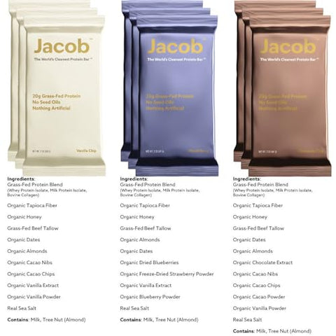 Bar, Barras de Proteína, Pacote Sortido (9 Barras no Total) Contém 3 de Cada; Chocolate, Baunilha, Frutas Vermelhas – 20g Proteína de Pasto, Sem Óleos de Sementes, Sem Ingredientes Artificiais - Jacob
