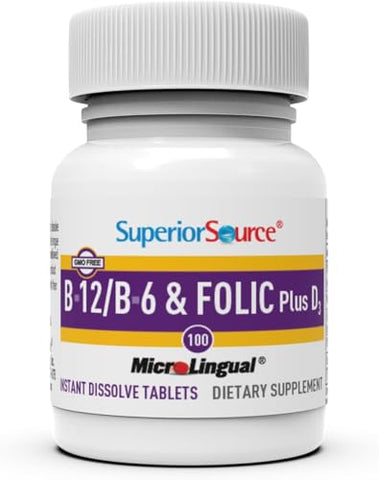 Vitamina B12 Cyanocobalamin 1000 mcg, B6, Ácido Fólico, Vitamina D 1000 UI, Comprimidos MicroLingual de Dissolução Rápida, 100 Unidades, Saúde Óssea, Metabolismo Energético - Superior Source