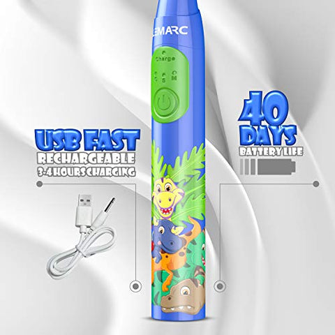 LEMARC USA - Escova de dentes elétrica SuperSonic Kids com 8 cabeças de escova DuPont, recarregável via USB, controle de velocidade de vibração e modo de massagem, temporizador de 2 minutos, à prova d’água, para crianças a partir de 3 anos