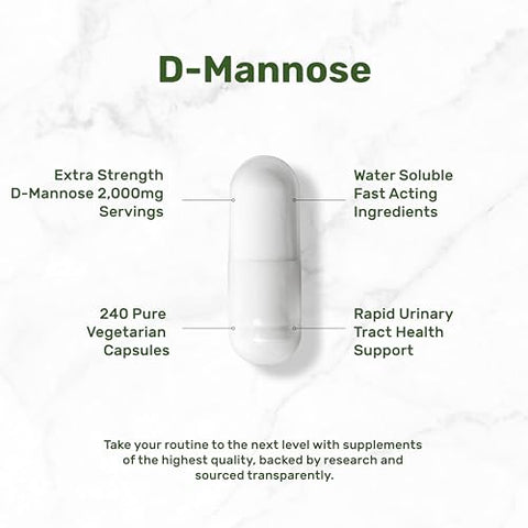 Cápsulas Vegetais de D-Manose, 2.000mg por Porção, 240 Comprimidos – Fórmula de Ação Rápida Solúvel em Água – Suporte Extra Forte para a Saúde do Trato Urinário (ITU) – Não-OGM, Vegano - DEAL SUPPLEMENT