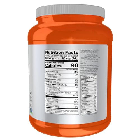 Sports Nutrition – Isolado de Proteína de Soja 20g, 0 Carboidratos, Pó sem Sabor, 2 Libras - NOW Foods