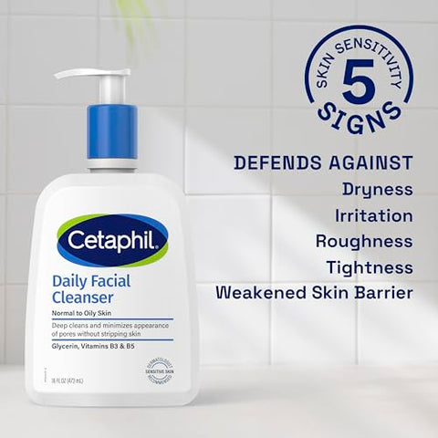 Face Wash 20 oz – Limpeza Facial Diária para Pele Sensível, Mista a Oleosa, Espuma Suave, Livre de Sabão, Hipoalergênico - Cetaphil