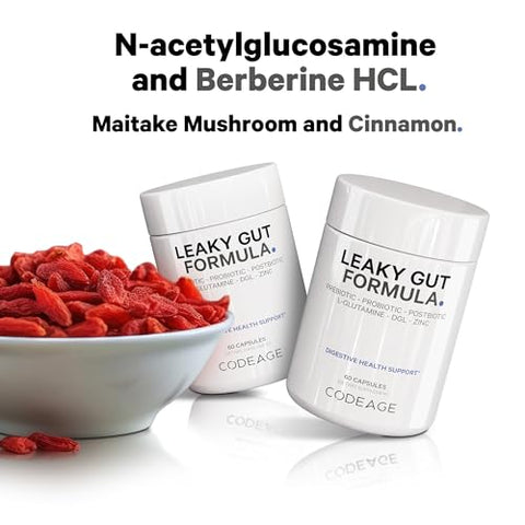 Suplemento para Intestino Permeável, L-Glutamina, N-Acetilglucosamina, Probiótico, Ácido Butírico, Polifenóis, Quercetina, DGL, Raiz de Marshmallow, Berberina, BioPerine, Canela, Vegano – Marca Codeage - Codeage