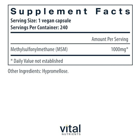MSM 1000 mg – Enxofre Orgânico Natural – 240 Cápsulas - Vital Nutrients