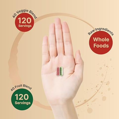 Suplementos NatureBell de Frutas e Vegetais para o Dia a Dia, 480 Cápsulas Vegetarianas no Total | Conjunto de 40 Frutas Inteiras e 40 Vegetais Inteiros – Fórmula Fresca de Super Alimentos com Vitaminas e