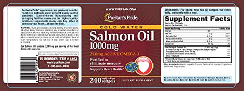 Puritan's Pride - Puritan’s Pride Óleo de Salmão Omega-3 (210 mg de Ômega-3 Ativo), 1.1000 mg, 240 Cápsulas