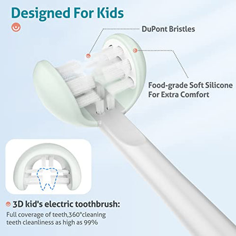 Escova de Dentes Elétrica Infantil 3 Lados, Escova de Dentes Sônica para Crianças com 2 Cabeças de Escova, Temporizador Inteligente 5 Ajustes, À Prova d’Água IPX7, Cabo USB - RAZOKO