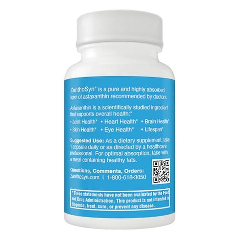 ZanthoSyn - Astaxantina, Triplo Poder (12mg) x Triplo de Bioabsorção (3X Absorção na Corrente Sanguínea), Pureza Superior, Livre de OGM, Livre de Principais Alergênicos, Sem Sabor de Peixe, 90 Cápsulas Vegetais