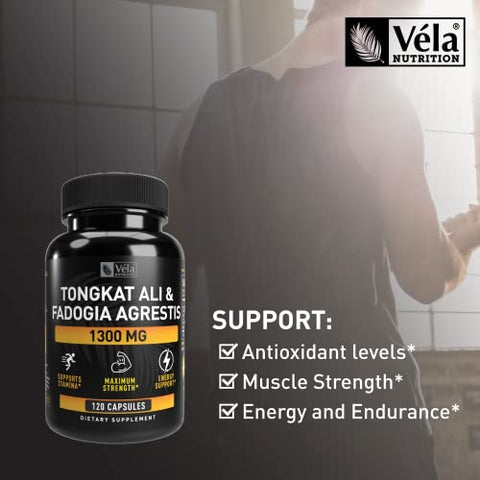 Véla - Fadogia Agrestis e Tongkat Ali Complex – Fórmula Potente de 1300mg com Extrato de Fadogia 10:1 e Extrato de Tongkat Ali 200:1 para Resistência e Energia – 120 CT