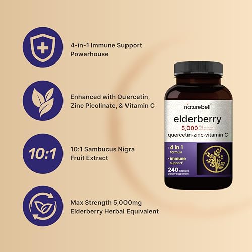 Cápsulas de Sabugueiro Sambucus, 5000mg por Porção com Quercetina 500mg, Vitamina C e Zinco, 240 Unidades | Extrato de Frutas de Sabugueiro Preto Europeu – Suporte Imunológico 4 em 1 - NatureBell